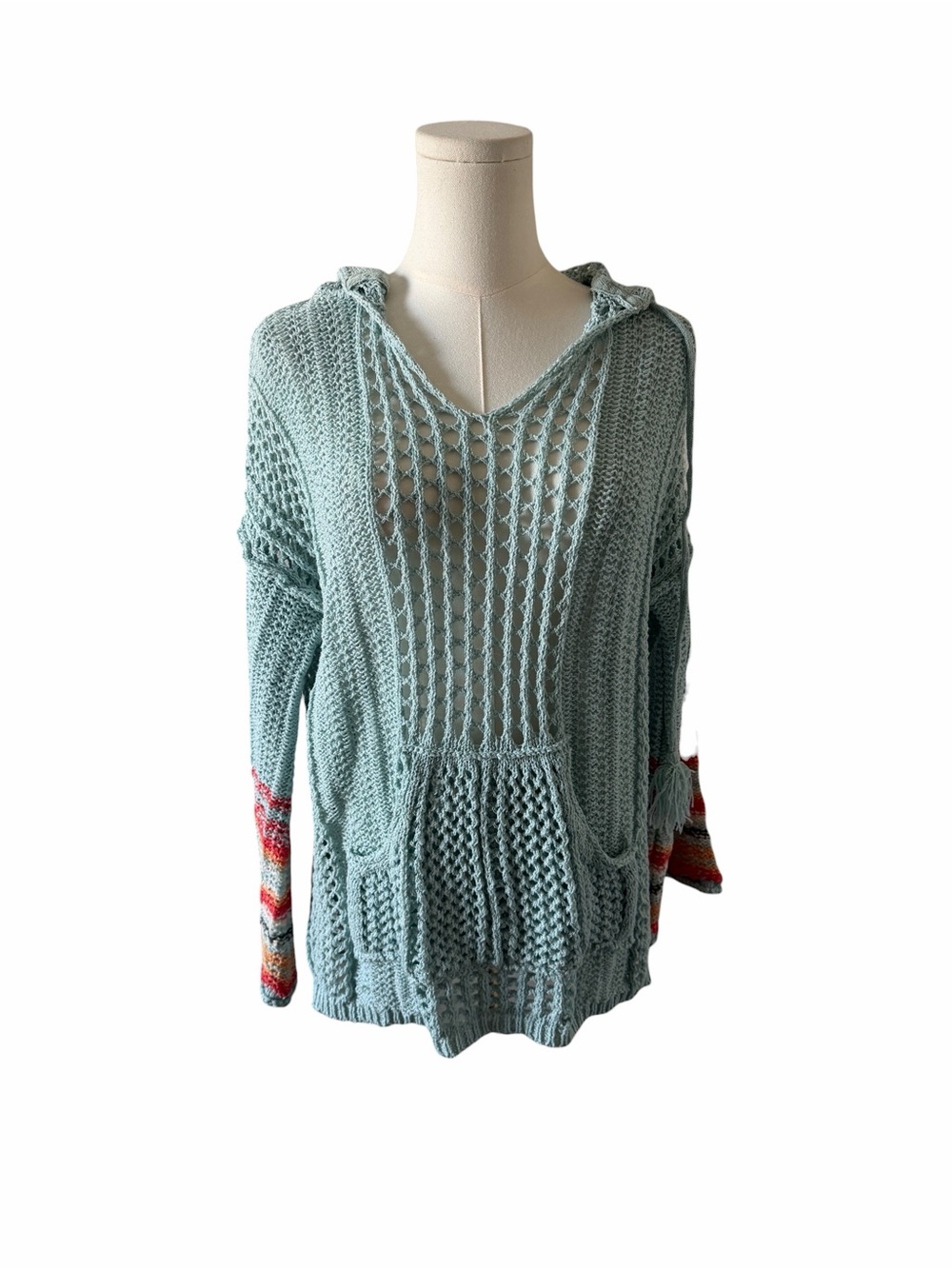 POL Mint Green Knit Hoodie Sweater with Multicolor Striped Cuffs - Picture 2 of 5